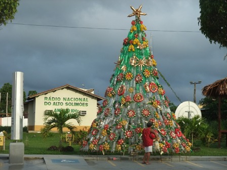 Christmas tree made of recycled bottles in Tabatinga, Brazil