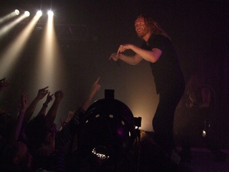 Mikael Stanne of Dark Tranquillity playing with the audience at La Locomotive, Paris, France, October 28 2008