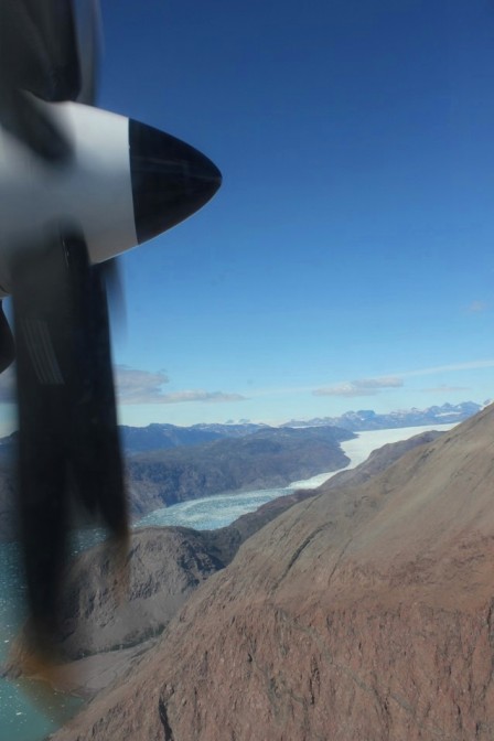 Flying over Greenland on a Fokker 50 turbo prop plane