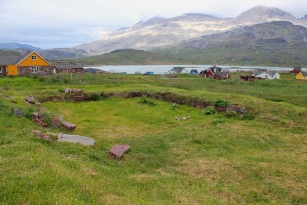 The ruins of one of the Garðar stables at the Bishop Farm, in the village of Igaliku, Greenland