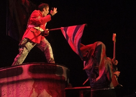 Union Jack flag on Janick's head for The Trooper - Iron Maiden live in Paris