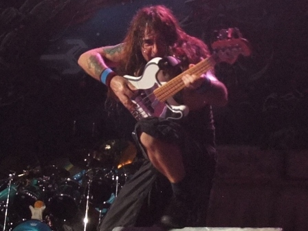 Steve Harris with a bass machine gun - Iron Maiden live in Paris