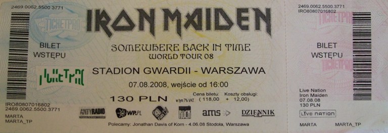 Iron Maiden live in Warsaw, Poland, August 7 2008. Ticket