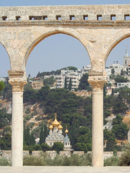 The Russian Church of Maria Magdalene on the Mount Of Olives, as seen from the Temple Mount or Haram Al Sharif, Jerusalem