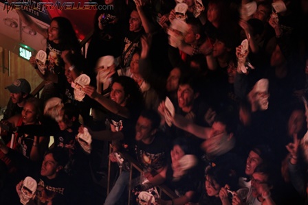 The crowds in Bogotá wearing Vic Rattlehead masks