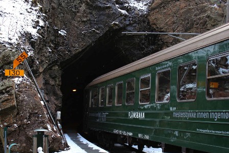 The Flåmsbana outside the tunnel, during the stop at Kjosfossen waterfall
