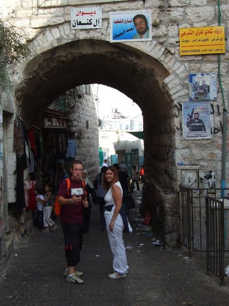 Walking the streets of Bethlehem. Take a look to the poster on the right side...