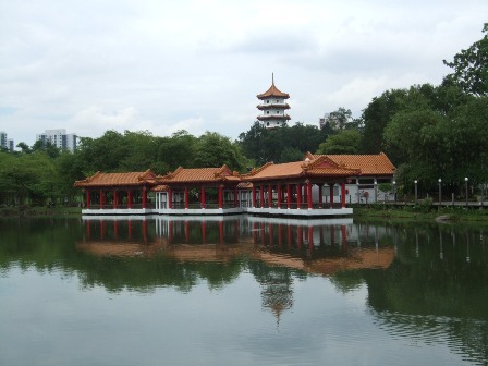 Chinese Gardens pagoda over Jurong Lake, Singapore