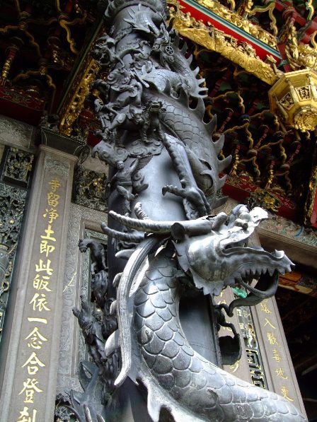 Dragon and other sculptures at Longshan Temple, Taipei, Taiwan