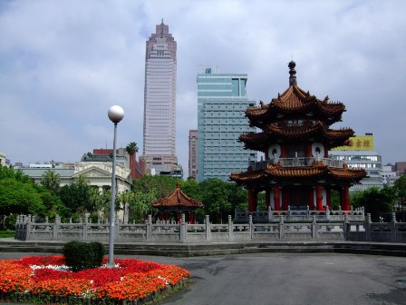 Different architectures  in Taipei: Colonial buildings, high rise modern buildings, and traditional pagodas