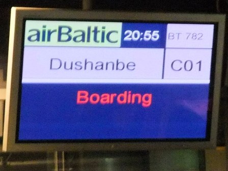 Boarding the Air Baltic plane from Riga to Dushanbe