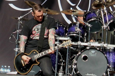 Thomas Bredhal on stage at the Sonisphere Festival with Volbeat